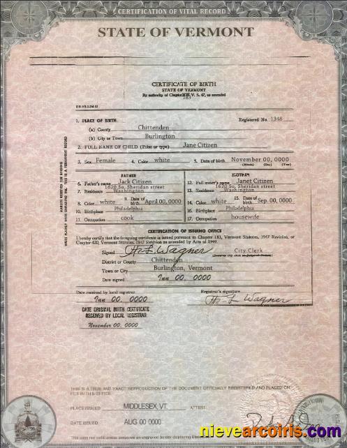 USA Vermont state birth certificate